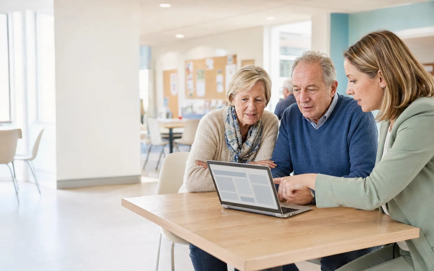 Deux seniors vérifient une information administrative avec une accompagnatrice
